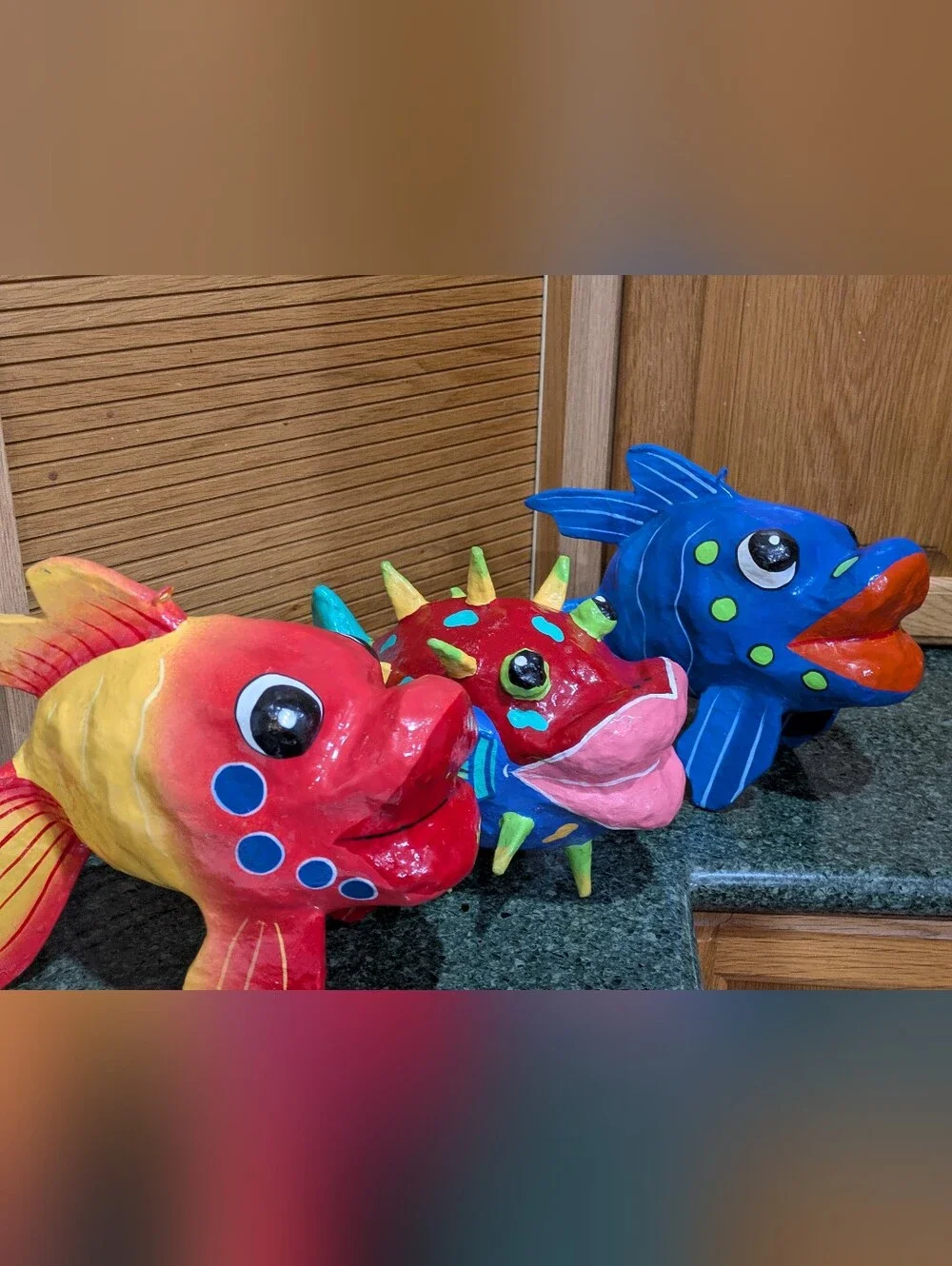 Paper Mache 3 Large Colorful Fish. Beautiful Decorative Set. EUC